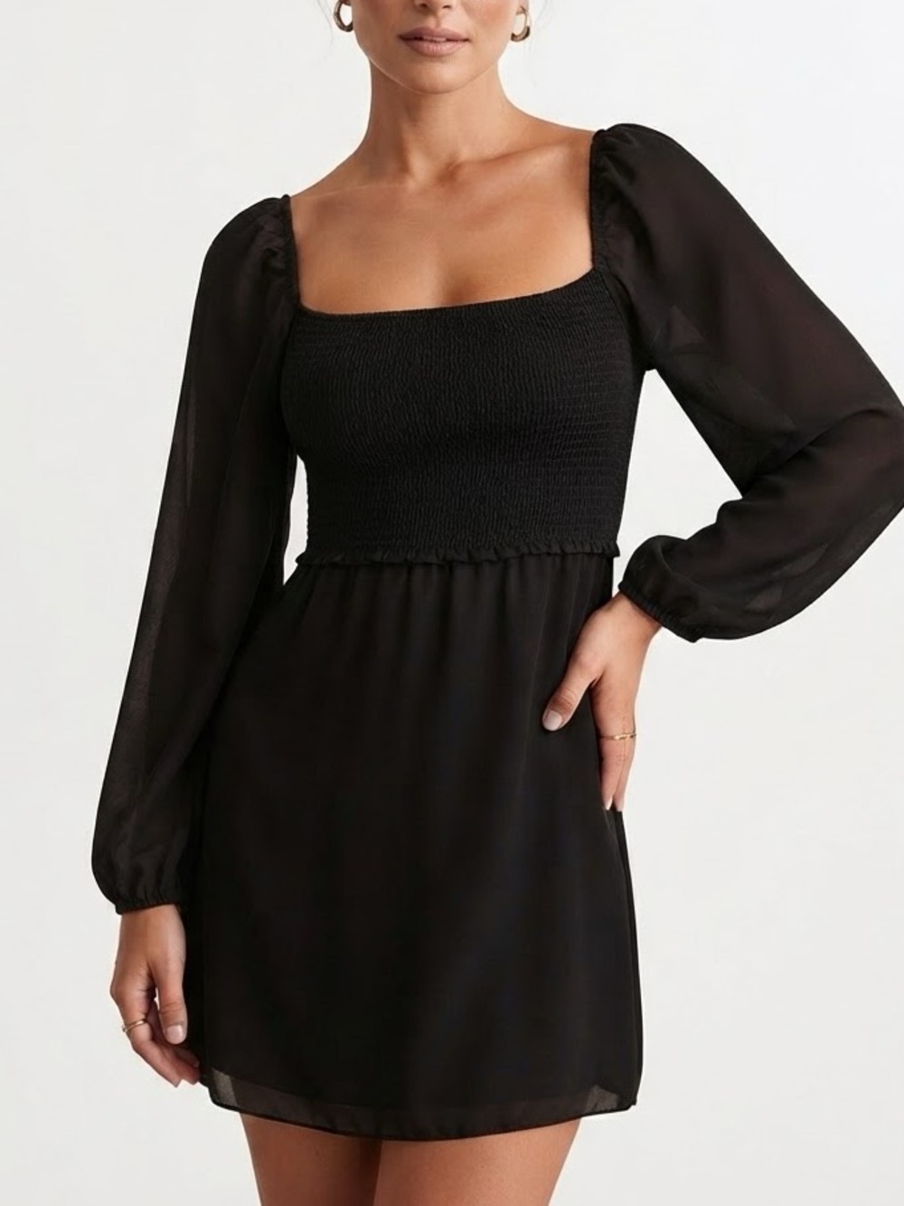 Wilfred by Aritzia Villa Dress Black Smocked Mini Size O Side zip
